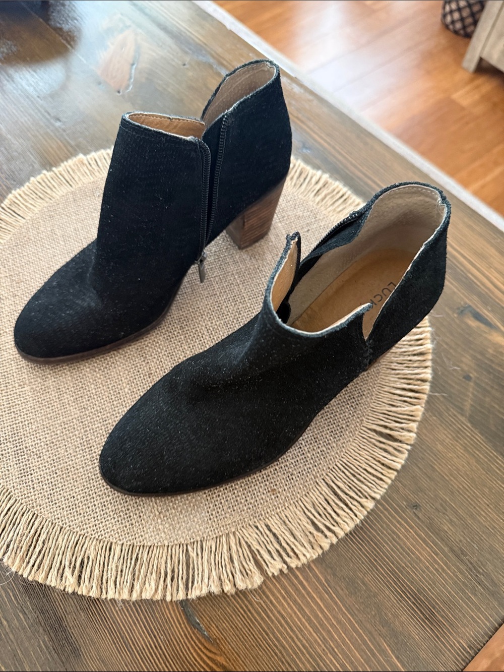 Lucky Brand Black Suede Cutout Ankle Booties with Block Heel